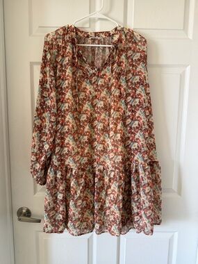 Mango Floral Mini Dress in Rust, Cream & Green